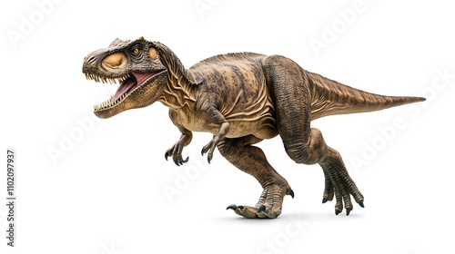 A dinosaur walking slowly, its large feet leaving prints on the ground, isolated on a white background