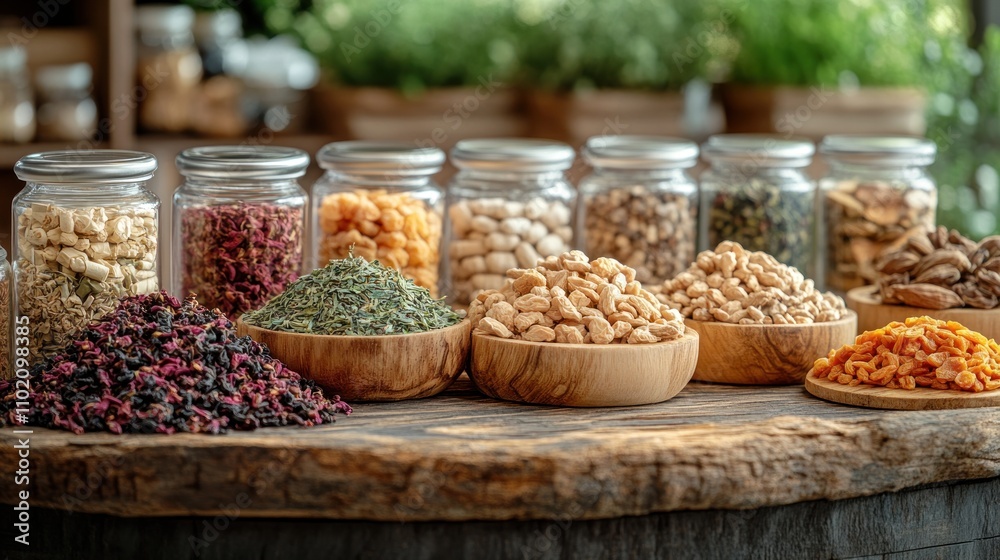 Here's a caption and keywords for your stock photo.. Assortment of dried herbs, spices, and grains in glass jars and wooden bowls on rustic wood. Here's a caption and keywords for your stock photo.. Assortment of dried herbs, spices, and grains in glass jars and wooden bowls on rustic wood.