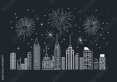 Here's a suggested  and keywords for your stock image.. Festive city skyline with fireworks display. photo