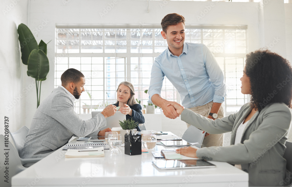 Fototapeta premium Meeting, business people and team handshake for welcome, greeting and introduction in office. Sales group, smile and shaking hands for partnership agreement, b2b deal and thank you for cooperation