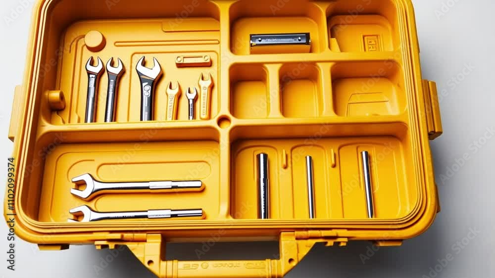 Yellow toolbox with organized tools and a white background.