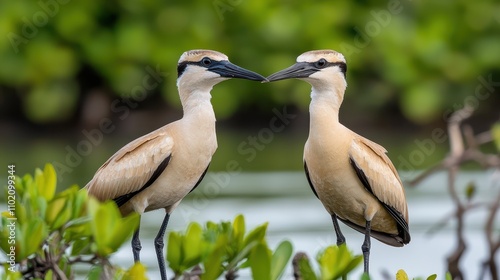 mangrove forest restoration concept, Wading Birds Foraging in Mangrove Wetlands Amidst Greenery