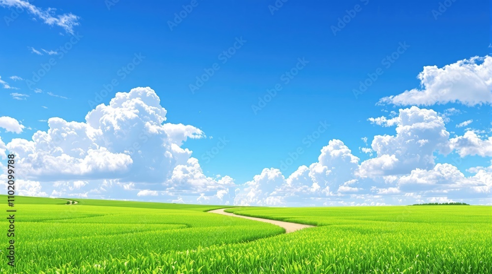 A lush green grass field with a natural winding path leading to the goal, set against a bright blue sky with fluffy white clouds, nature scenery, football pitch, natural surroundings, greenery. A lush green grass field with a natural winding path leading to the goal, set against a bright blue sky with fluffy white clouds, nature scenery, football pitch, natural surroundings, greenery.