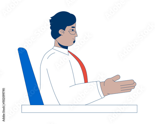 Arab middle aged business man sitting at desk gesturing hand 2D cartoon character. Middle eastern businessman manager table isolated person flat vector on white background. Spot illustration colorful