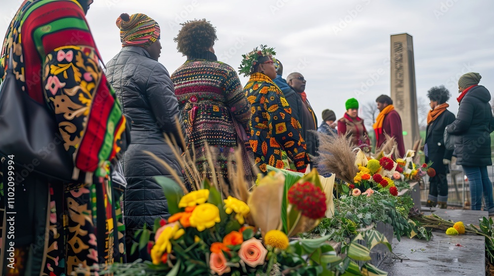 Fototapeta premium People Laying Flowers in Memory of the Fallen