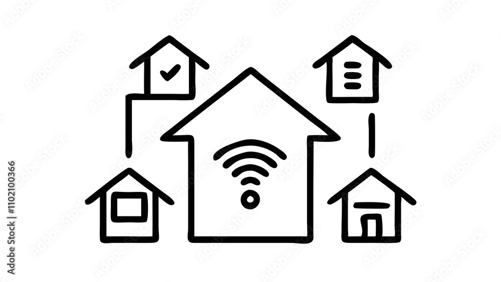 A house with a Wi-Fi symbol and various connected devices inside, representing smart home technology and automation A house with a Wi-Fi symbol and various connected devices inside, representing smart home technology and automation