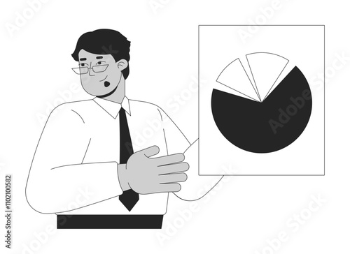 Arab businessman showing pie chart financial report black and white 2D line character. Middle eastern glasses business man piechart isolated vector outline person. Monochromatic spot illustration