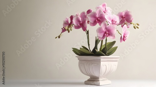 Pink Orchid Elegance: A delicate pink orchid blooms gracefully in a classic white planter, exuding beauty and sophistication. The perfect addition to any interior design project.