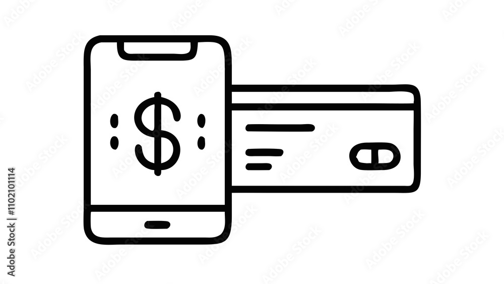 A credit card with a smartphone and a dollar sign, representing digital payment systems and online transactions A credit card with a smartphone and a dollar sign, representing digital payment systems and online transactions