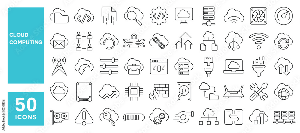 Set of 50 line icons related to cloud computing, system, server, hosting, data, exchange, software, database, Editable stroke. Vector illustration Set of 50 line icons related to cloud computing, system, server, hosting, data, exchange, software, database, Editable stroke. Vector illustration