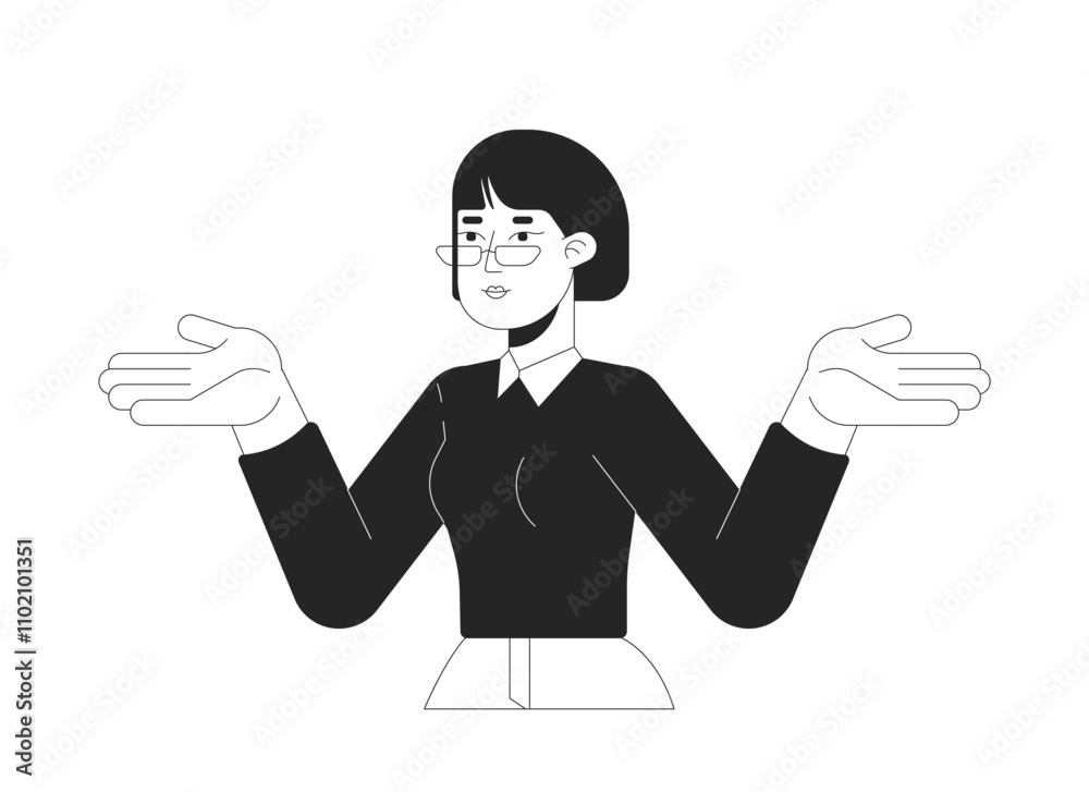 Unsure business casual asian woman shrugging shoulders black and white 2D line character. Korean female employee questioning doubting isolated vector outline person. Monochromatic spot illustration Unsure business casual asian woman shrugging shoulders black and white 2D line character. Korean female employee questioning doubting isolated vector outline person. Monochromatic spot illustration