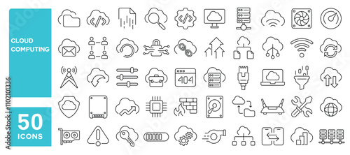 Set of 50 line icons related to cloud computing, system, server, hosting, data, exchange, software, database, Editable stroke. Vector illustration