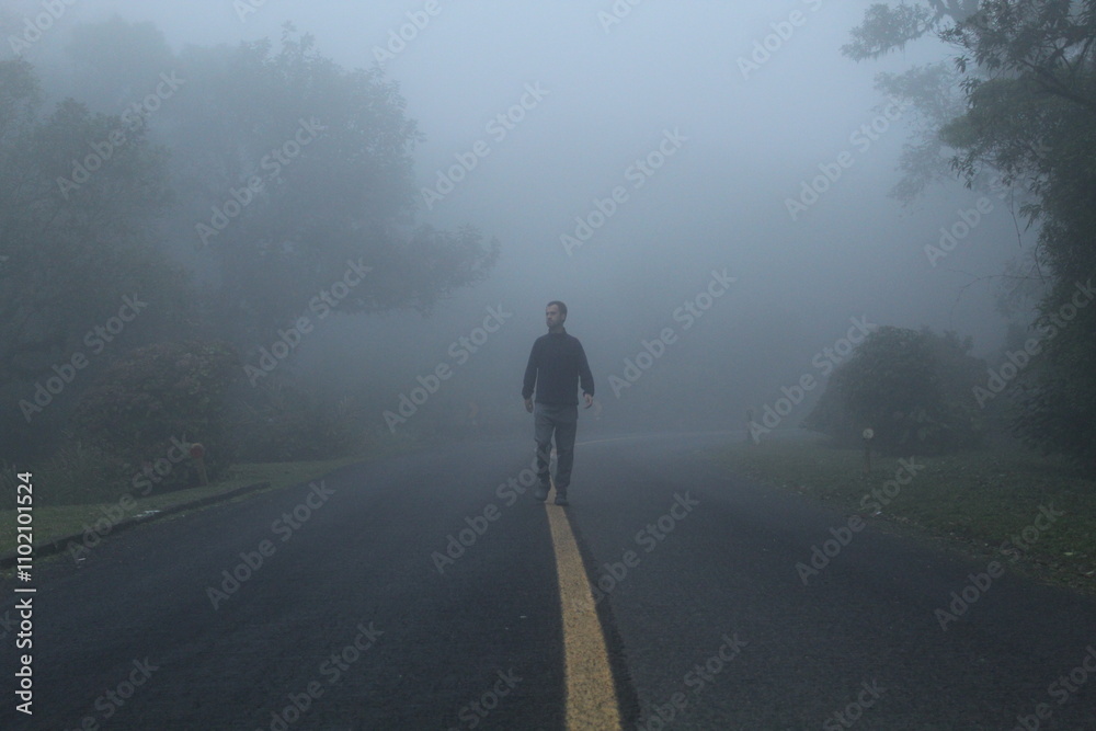 silhueta de homem caminhando em estrada com neblina - na estrada da graciosa, paraná silhueta de homem caminhando em estrada com neblina - na estrada da graciosa, paraná