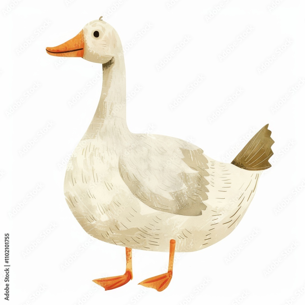 Obraz premium A charming illustration of a goose, featuring a smooth body, orange beak, and vibrant feet, perfect for children's books.