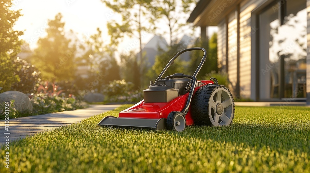 Lawn mower on green grass in a modern garden. Machine for cutting lawns. with copy space Lawn mower on green grass in a modern garden. Machine for cutting lawns. with copy space