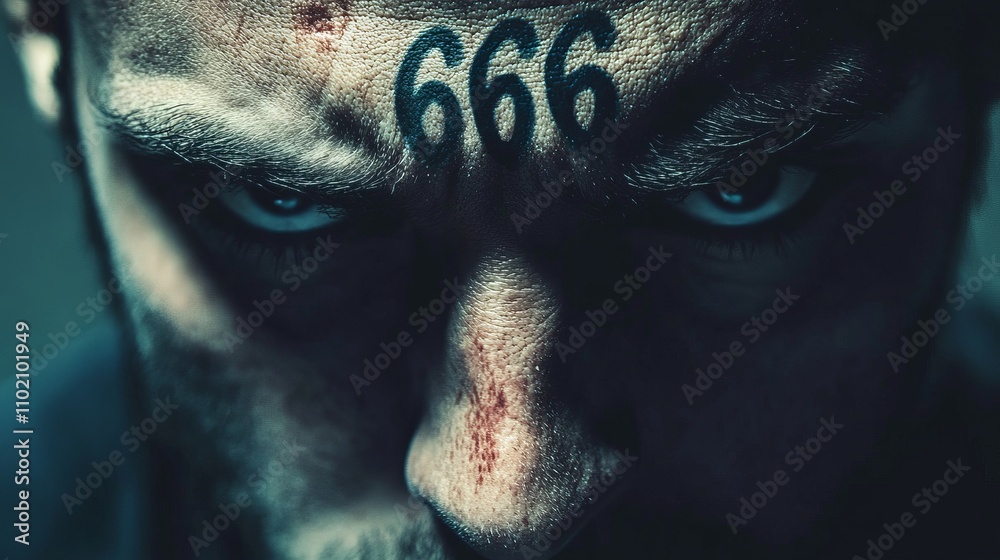 Mark of the Beast on a man’s forehead, representing 666 and Biblical prophecy of buying and selling restrictions.