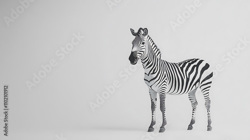 A zebra standing tall with its body slightly angled, showcasing the full length of its stripes on a clean white backdrop photo