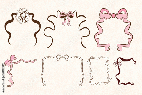 Bow frame, Ribbon bow line art vintage illustration, Coquette frame of ribbons and bow, Vector hand drawn decorative whimsical frames in coquette style, simple elegant hand drawn illustrations of bow 