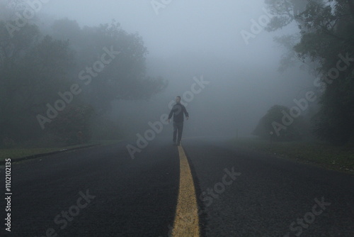 silhueta de homem caminhando em estrada com neblina - na estrada da graciosa, paraná 