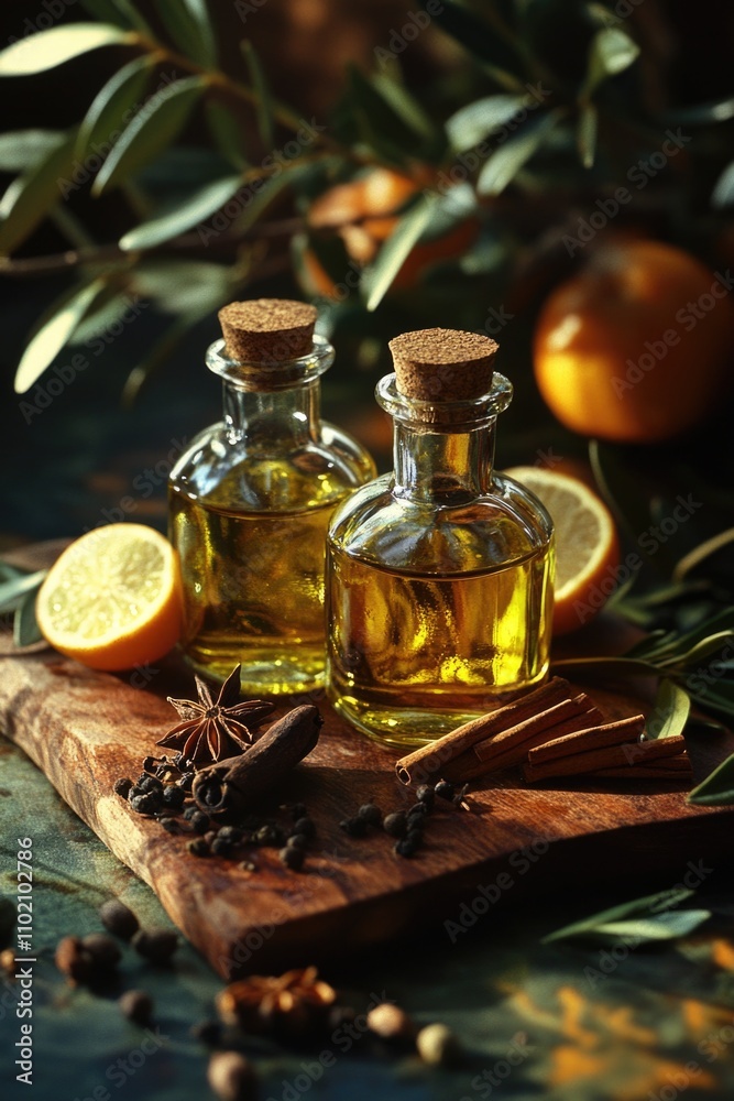Bottles of oil on cutting board