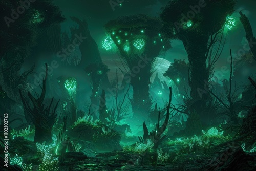 A surreal and ethereal forest with bioluminescent flora under a moonlit sky