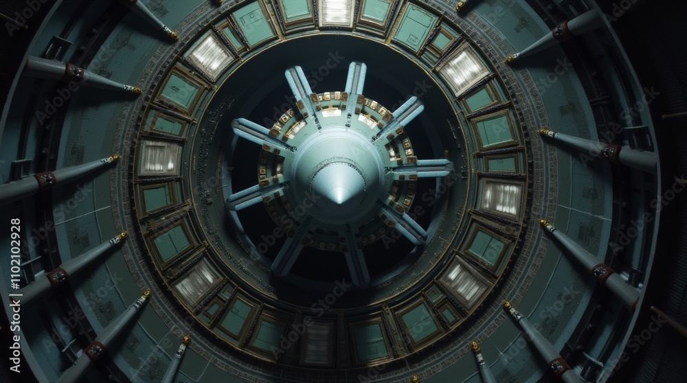 Large ICBM rocket in underground missile silo, view from above. Large ICBM rocket in underground missile silo, view from above.