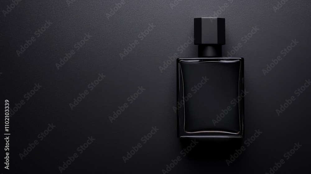 men's perfume bottle with a clean and austere design on a plain, matte black background. Mockup for design, with copy space men's perfume bottle with a clean and austere design on a plain, matte black background. Mockup for design, with copy space