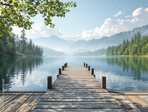 Wallpaper Mural A peaceful lakeside scene with a wooden dock and distant mountains, mountains, dock, watercolor, landscape Torontodigital.ca
