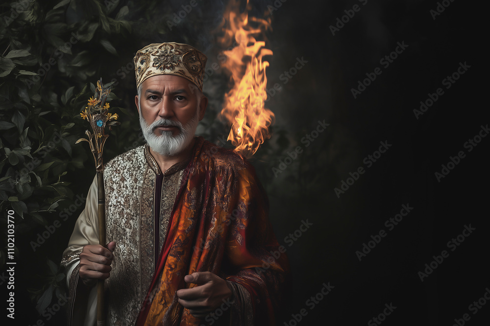 Naklejka premium Indian shaman with a staff and fire in nature.