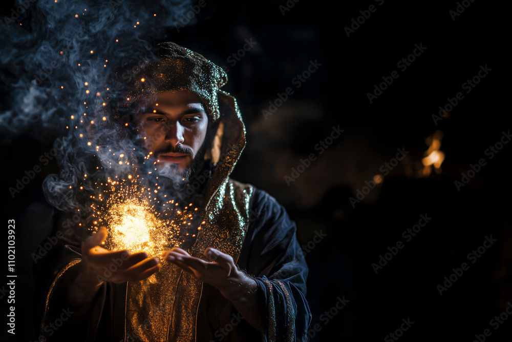 Shaman making a spell with sparks in his hands. Shaman making a spell with sparks in his hands.