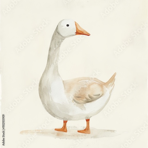 A charming and whimsical watercolor illustration of a goose, featuring soft colors and a playful posture.