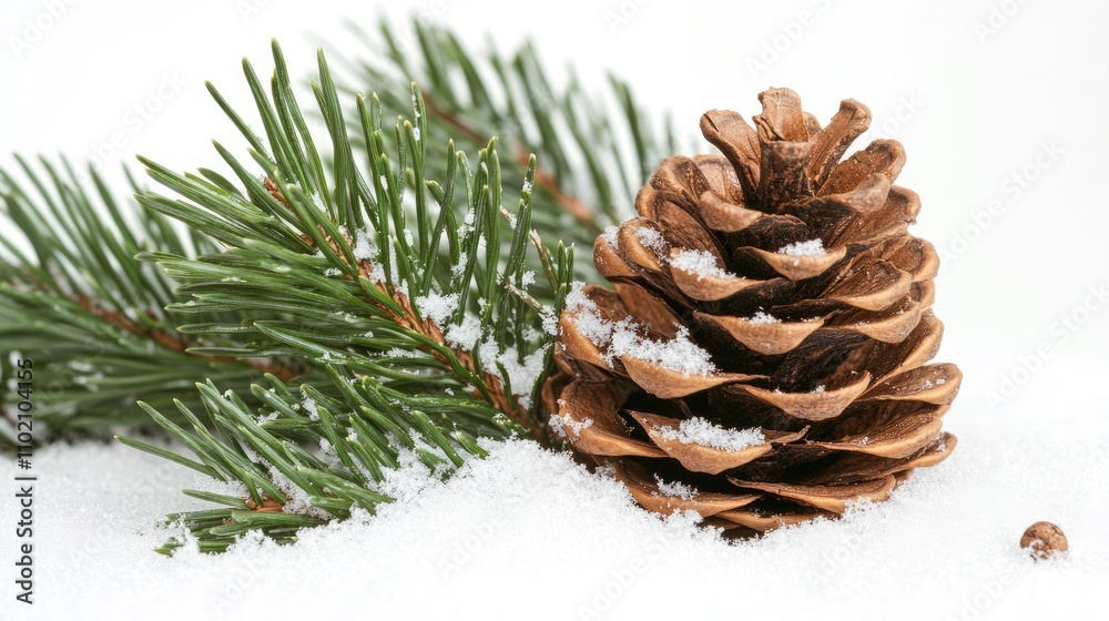 Single pine cone with snow effect on a white backdrop Single pine cone with snow effect on a white backdrop