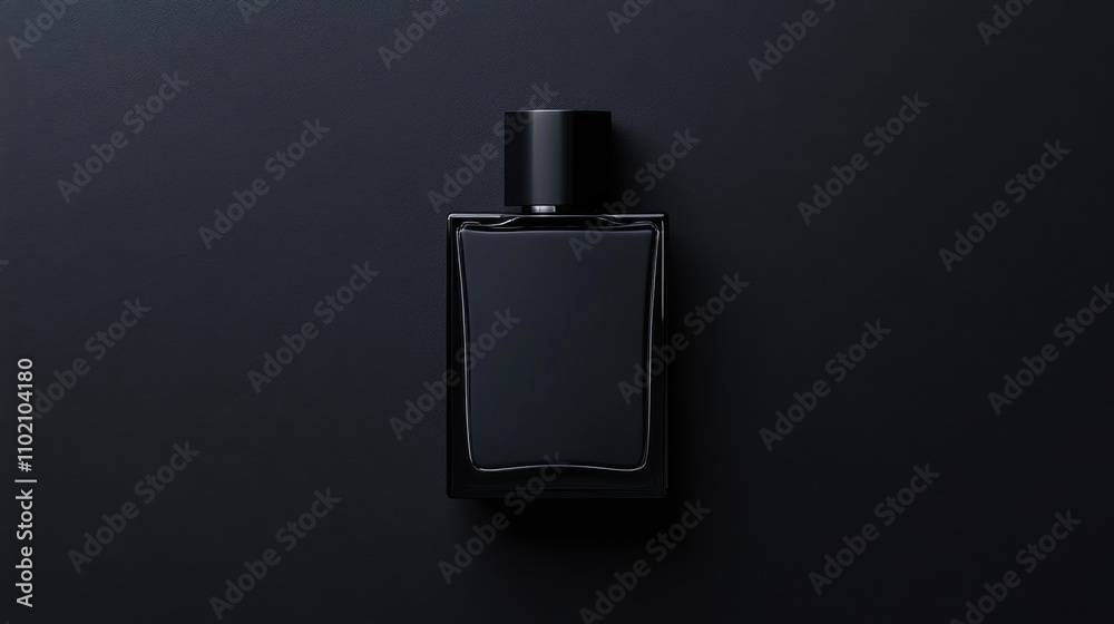 men's perfume bottle with a clean and austere design on a plain, matte black background. Mockup for design, with copy space