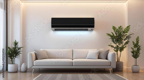 Modern Living Room with Air Conditioner: Stylish Interior Design with Comfortable Sofa and Cooling System.