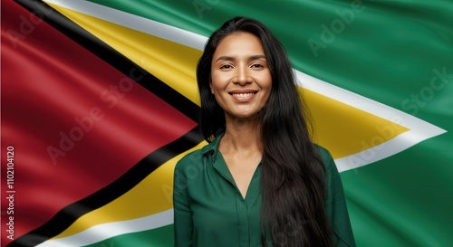 Portrait of a smiling woman against a waving guyana flag background photo