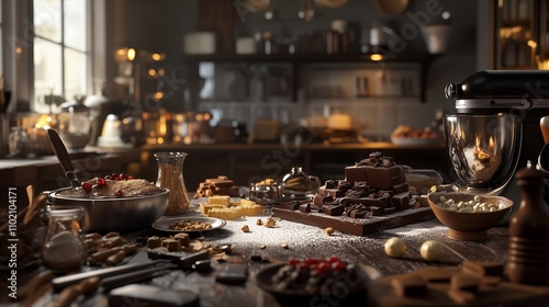 A cozy kitchen scene filled with various chocolates and baking ingredients.