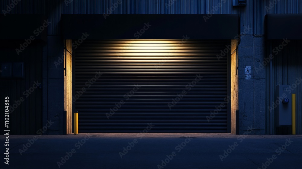 Roller shutter garage door, closed, front view, dark color. Roller shutter garage door, closed, front view, dark color.