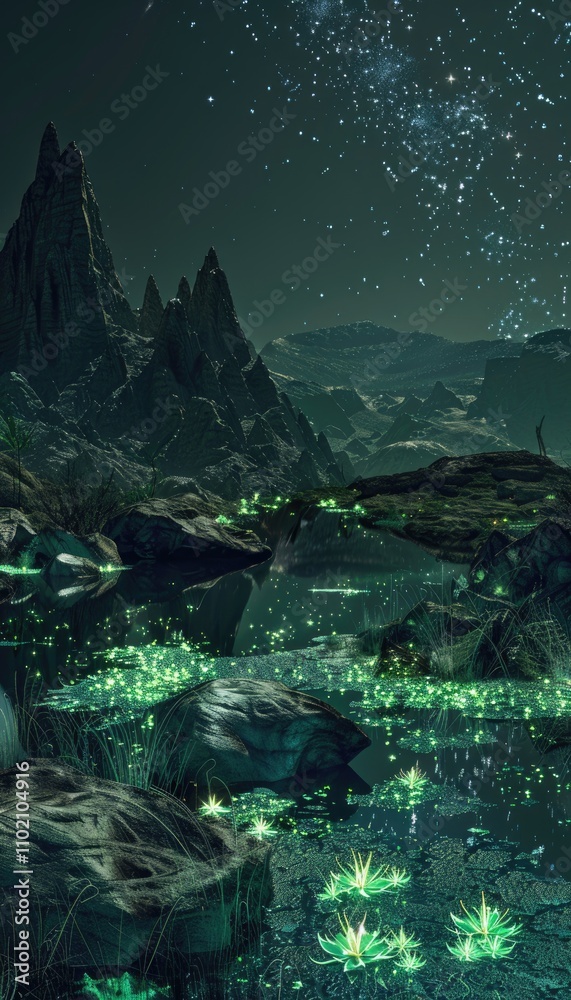 Luminous Flowers in a Nighttime Mountain Lake Luminous Flowers in a Nighttime Mountain Lake