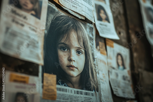 A wall covered with missing children posters, each featuring a child's photo and details.
