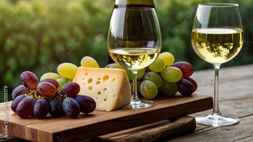 A glass of white wine with a cheese platter and grapes creates a perfect pairing, AI