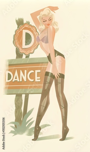 Stylized artwork of a blonde woman in pin up style, posing in front of a vintage dance sign. The muted pastel background enhances the mid 20th century aesthetic. photo