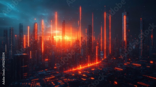 Futuristic Cityscape with Glowing Lines and a Dramatic Sunset Over Skyscrapers, Showcasing Advanced Technology and Urban Aesthetics in a Vibrant Neon Palette