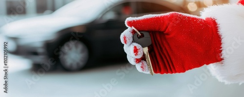 Festive car key handoff winter wonderland holiday event outdoor setting close-up view celebration concept photo