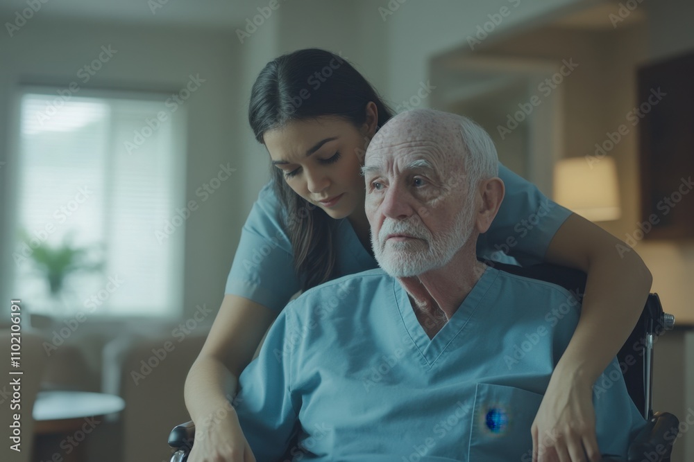 Fototapeta premium Compassionate Care: A Young Nurse Comforts an Elderly Man in a Wheelchair During a Moment of Connection in a Bright, Inviting Healthcare Environment