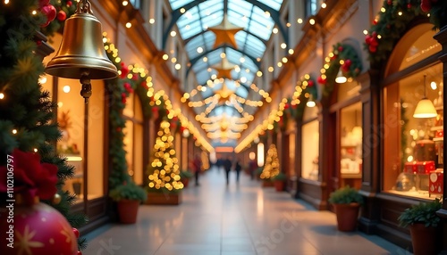  A festive indoor shopping mall decorated for the holidays, with large golden bells hanging from the arched ceiling and lights throughout the space, Christmas decoration, created with generative ai