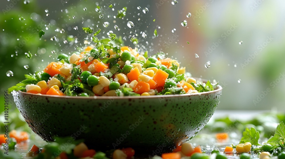 Colorful Vegetable Salad in a Green Bowl with Splash