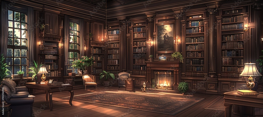 Cozy study room featuring a spacious wooden table, book filled shelves, and soft lamp lighting Cozy study room featuring a spacious wooden table, book filled shelves, and soft lamp lighting