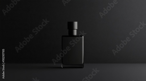 men's perfume bottle with a clean and austere design on a plain, matte black background. Mockup for design, with copy space