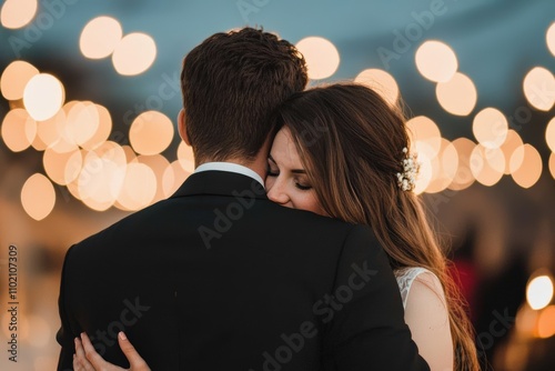 Bride embracing groom at night wedding reception with bokeh lights