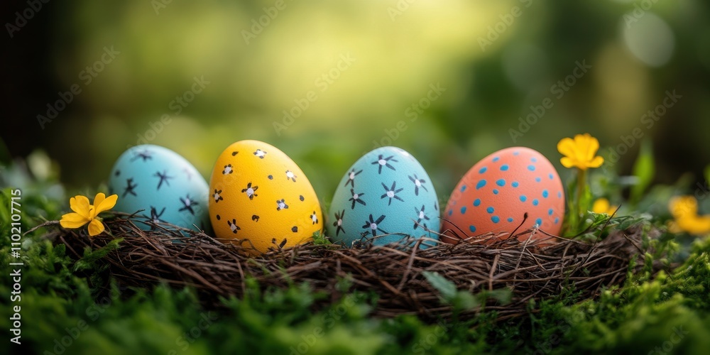 A beautifully crafted nest cradling a series of vibrantly colored Easter eggs, each uniquely adorned with delicate floral patterns and set amidst a lush, green nature backdrop.